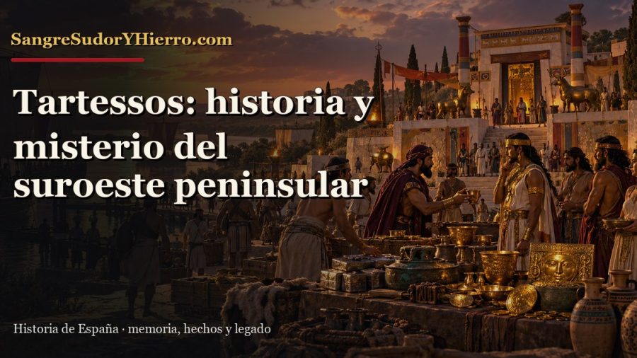 Recreación de un centro de intercambio de Tartessos con objetos de oro y el título del artículo
