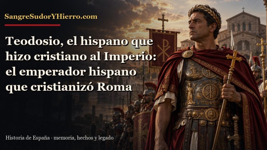 Ilustración histórica de Teodosio, el hispano que hizo cristiano al Imperio con el título «Teodosio, el hispano que hizo cristiano al Imperio: el emperador hispano que cristianizó Roma» y la marca SangreSudorYHierro.com