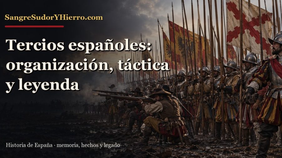 Recreación histórica sobre Tercios españoles con el título «Tercios españoles: organización, táctica y leyenda» y la marca SangreSudorYHierro.com