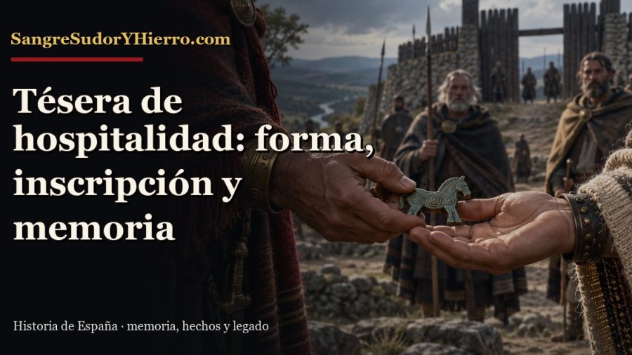 Recreación histórica sobre tésera de hospitalidad celtibérica con el título «Tésera de hospitalidad: forma, inscripción y memoria» y la marca SangreSudorYHierro.com