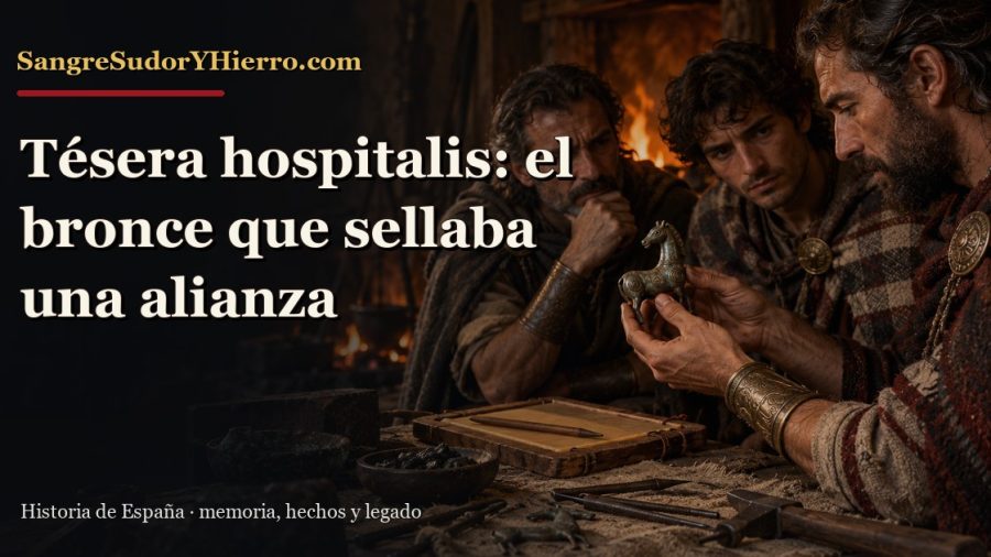 Recreación histórica sobre tésera hospitalis con el título «Tésera hospitalis: el bronce que sellaba una alianza» y la marca SangreSudorYHierro.com