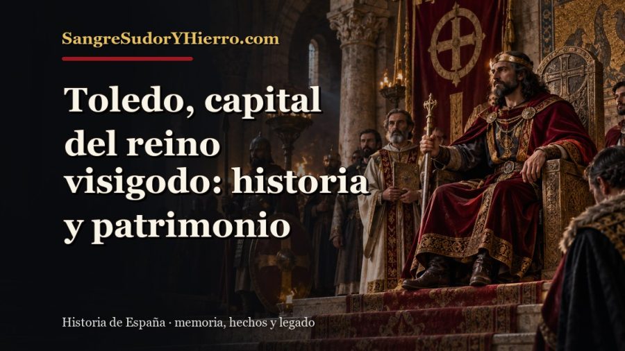 Ilustración histórica de Toledo, capital del reino visigodo con el título «Toledo, capital del reino visigodo: historia y patrimonio» y la marca SangreSudorYHierro.com