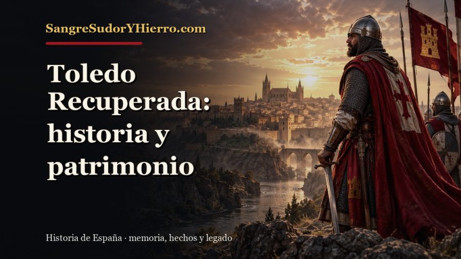 Ilustración histórica de Toledo Recuperada con el título «Toledo Recuperada: historia y patrimonio» y la marca SangreSudorYHierro.com