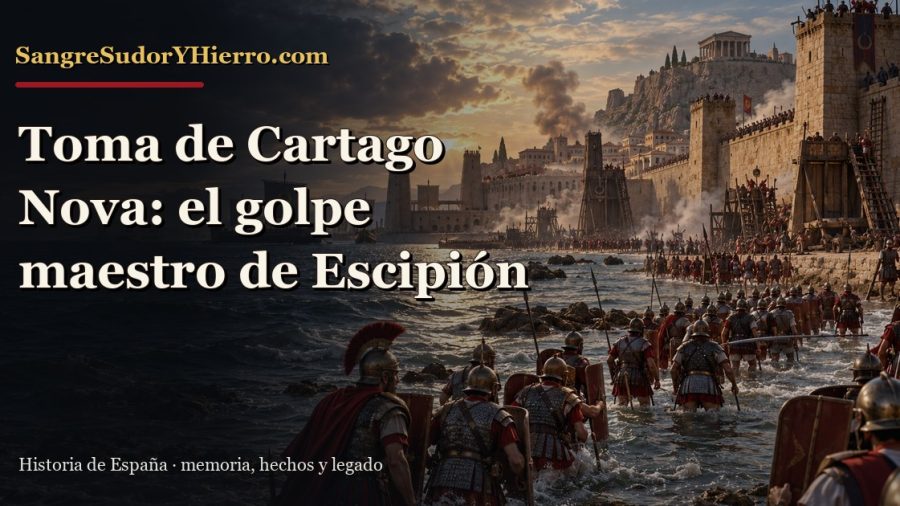 Recreación histórica sobre toma de Cartago Nova con el título «Toma de Cartago Nova: el golpe maestro de Escipión» y la marca SangreSudorYHierro.com