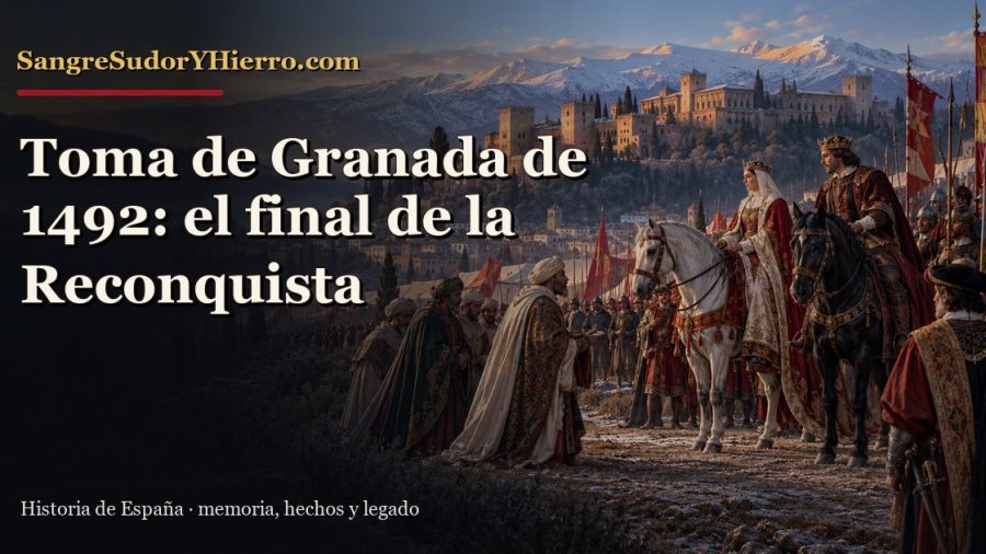 Recreación de la entrega de Granada en 1492 ante la Alhambra con el título del artículo