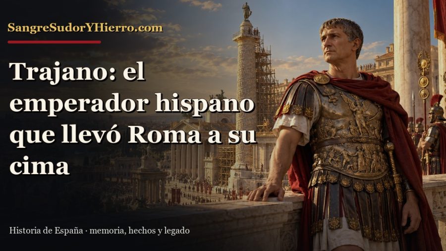 Recreación del emperador Trajano ante su columna y el foro de Roma con el título del artículo