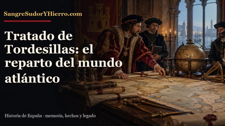 Recreación histórica sobre Tratado de Tordesillas con el título «Tratado de Tordesillas: el reparto del mundo atlántico» y la marca SangreSudorYHierro.com