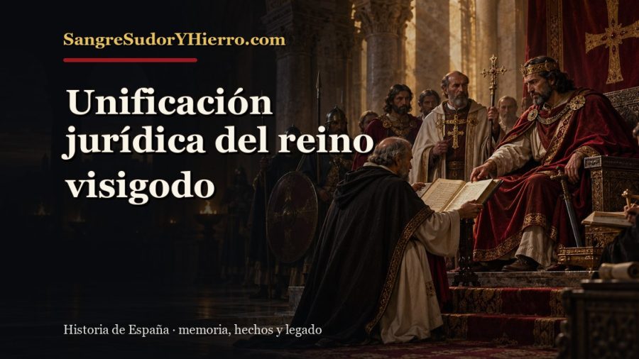 Ilustración histórica de Unificación jurídica del reino visigodo con el título «Unificación jurídica del reino visigodo» y la marca SangreSudorYHierro.com