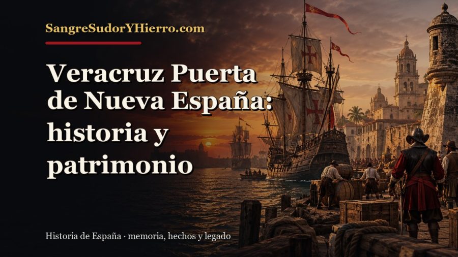 Ilustración histórica de Veracruz Puerta de Nueva España con el título «Veracruz Puerta de Nueva España: historia y patrimonio» y la marca SangreSudorYHierro.com