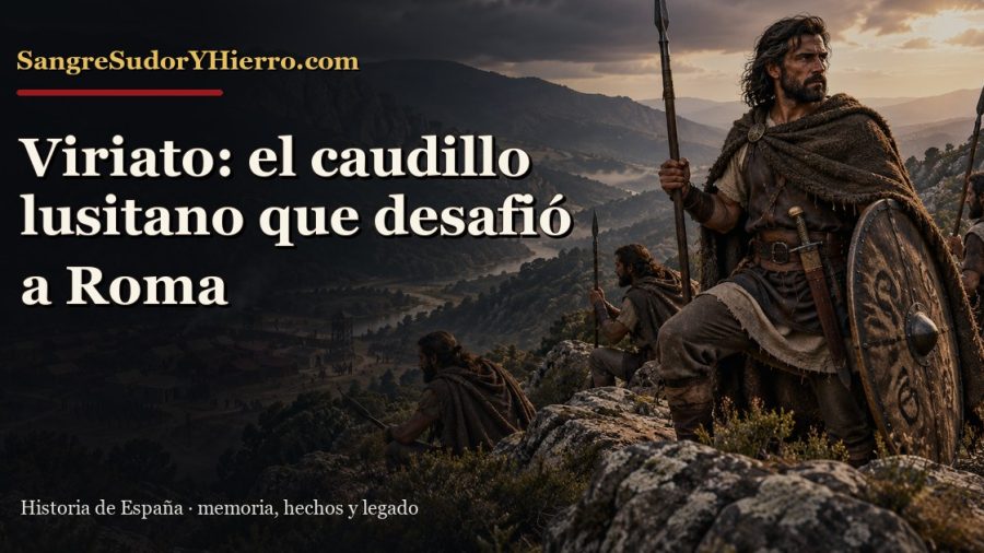 Recreación histórica sobre Viriato con el título «Viriato: el caudillo lusitano que desafió a Roma» y la marca SangreSudorYHierro.com