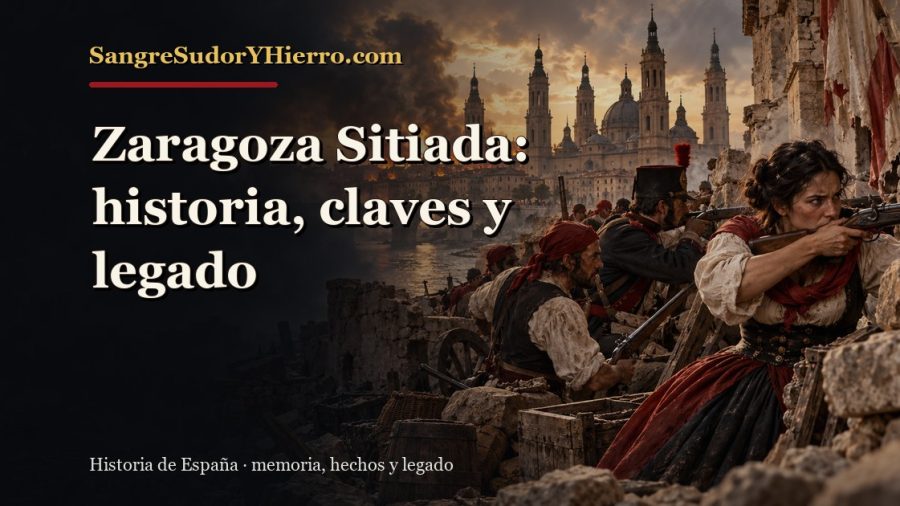 Ilustración histórica de Zaragoza Sitiada con el título «Zaragoza Sitiada: historia, claves y legado» y la marca SangreSudorYHierro.com