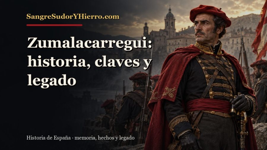 Ilustración histórica de Zumalacarregui con el título «Zumalacarregui: historia, claves y legado» y la marca SangreSudorYHierro.com